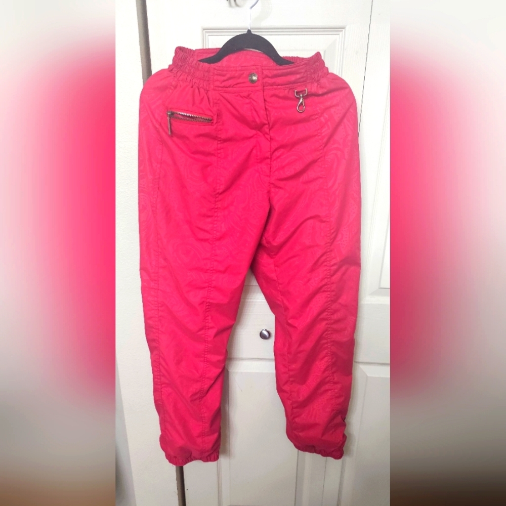 Vibrant Red Paisley Ski Pants with Zipper Details